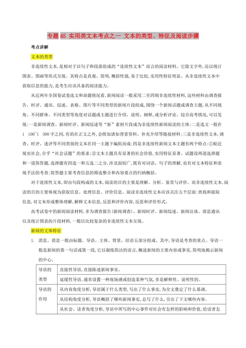 2019年高三语文一轮复习 知识点讲解阅读预热试题 专题45 实用类文本考点之一 文本的类型、特征及阅读步骤（含解析）新人教版.doc_第1页