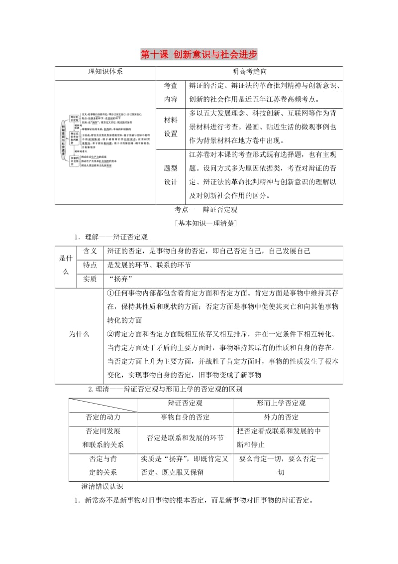 （江苏专版）2020版高考政治一轮复习 第三单元 思想方法与创新意识 第十课 创新意识与社会进步讲义 新人教版必修4.doc_第1页