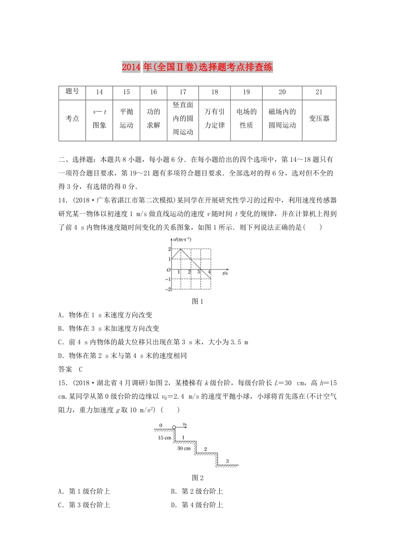 全国通用版2019高考物理总复习优编增分练：选择题考点排查练22014年全国Ⅱ卷选择题考点排查练.doc_第1页