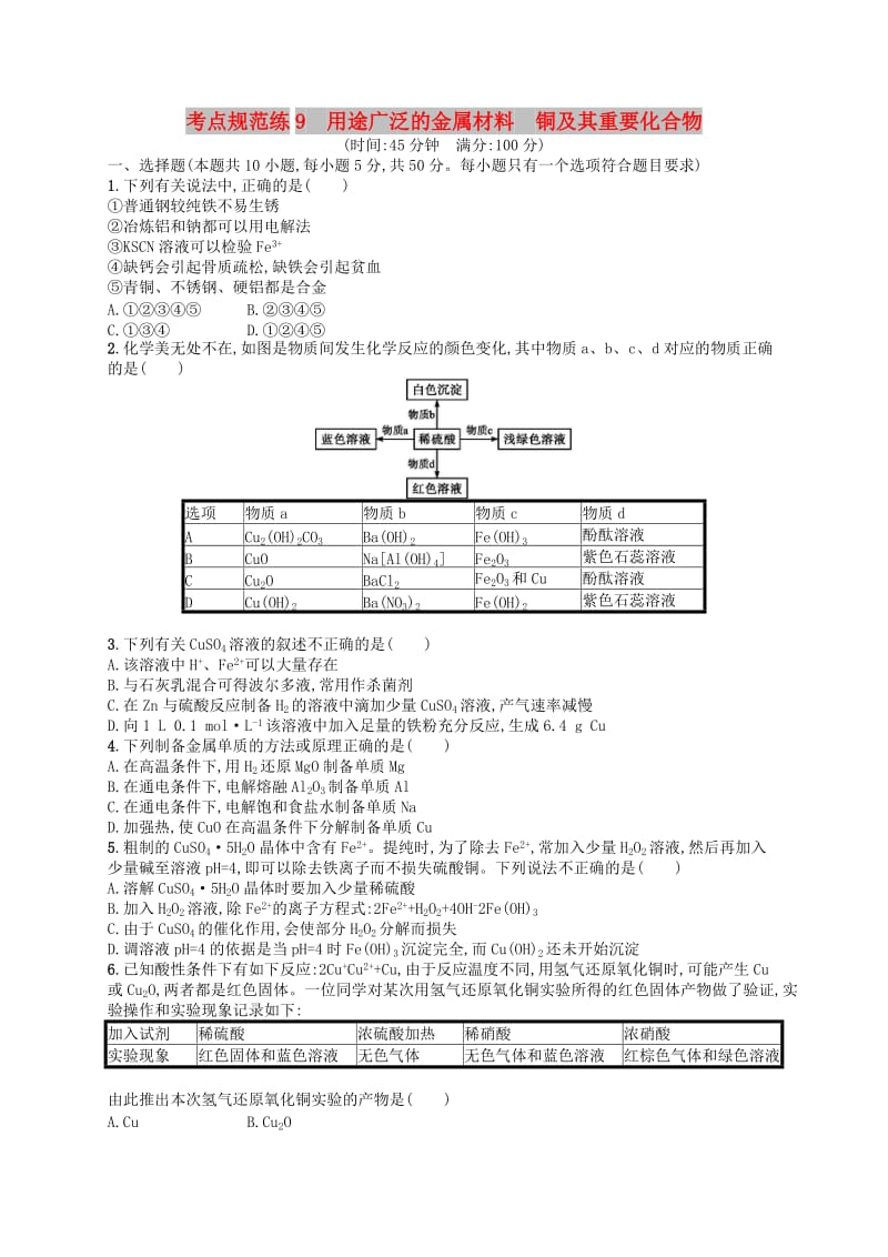 广西2019年高考化学一轮复习考点规范练9用途广泛的金属材料铜及其重要化合物新人教版.docx_第1页