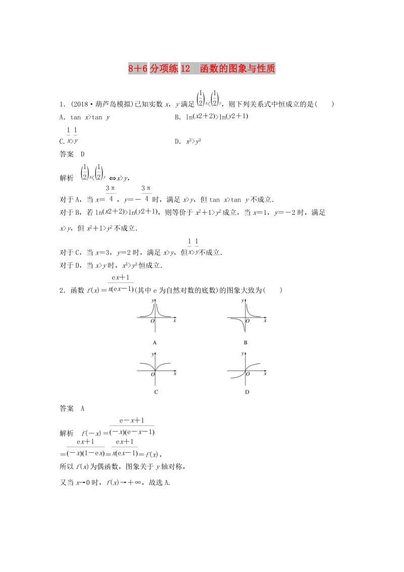 （京津专用）2019高考数学总复习 优编增分练：8+6分项练12 函数的图象与性质 文.doc_第1页