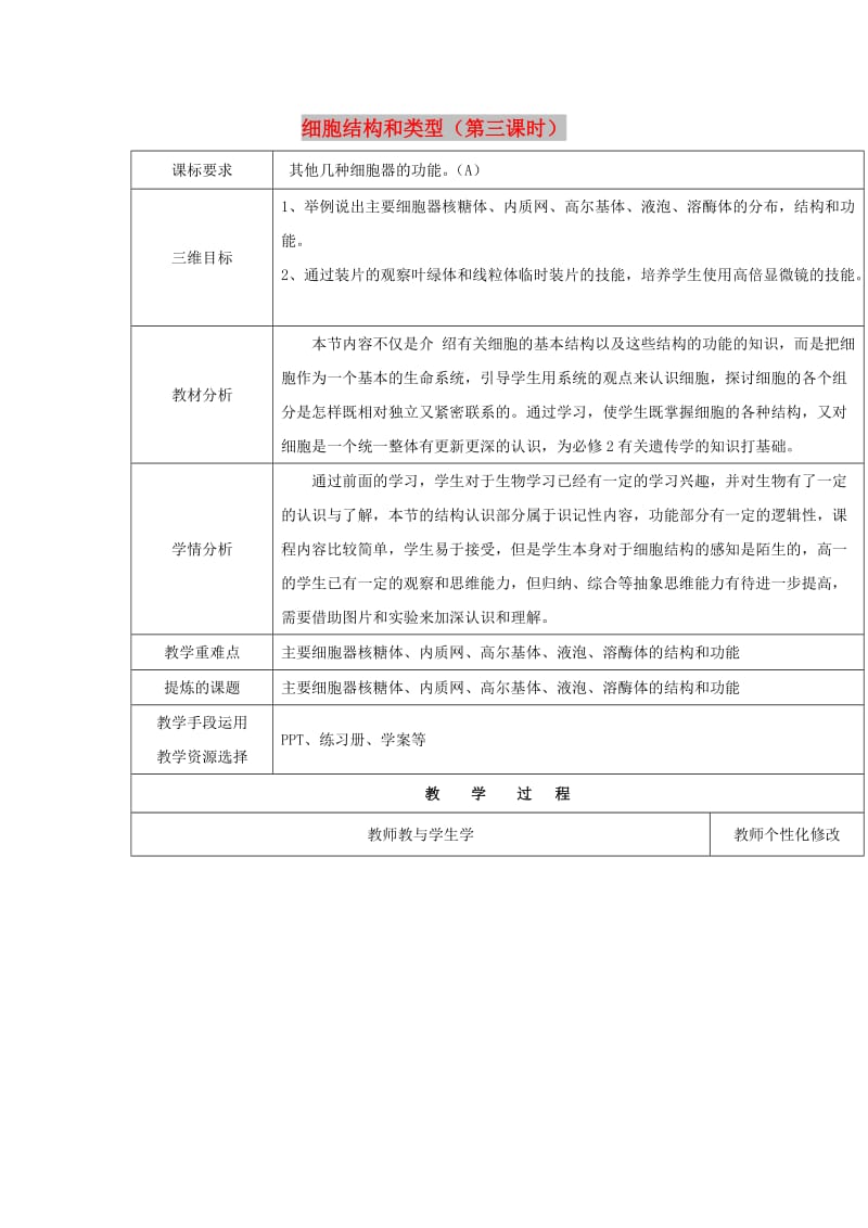 陕西省安康市石泉县高中生物 第三章 细胞的结构和功能 3.2 细胞结构和类型（第三课时）教案 苏教版必修1.doc_第1页