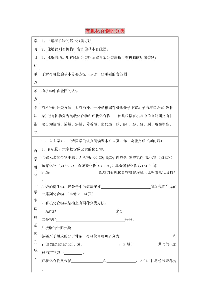 辽宁省抚顺市高中化学 第一章 认识有机化合物 1.1 有机化合物的分类导学案新人教版选修5.doc_第1页