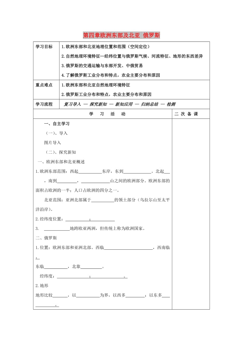 吉林省伊通满族自治县高中地理 世界地理 第四章 欧洲东部 俄罗斯学案 新人教版必修2.doc_第1页