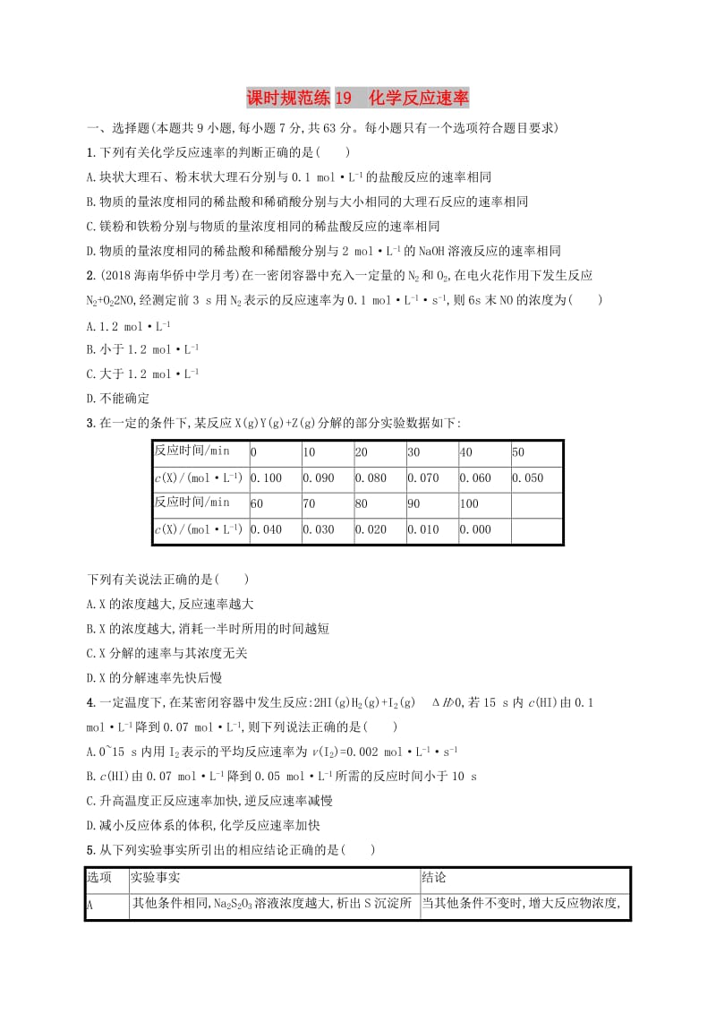 2020版高考化学复习 课时规范练19 化学反应速率 苏教版.doc_第1页