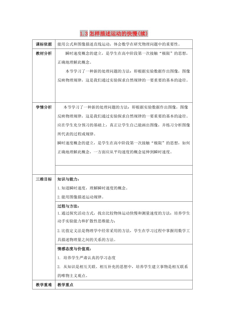 陕西省石泉县高中物理 第1章 怎样描述物体的运动 1.3 怎样描述运动的快慢（2）教案 沪科版必修1.doc_第1页