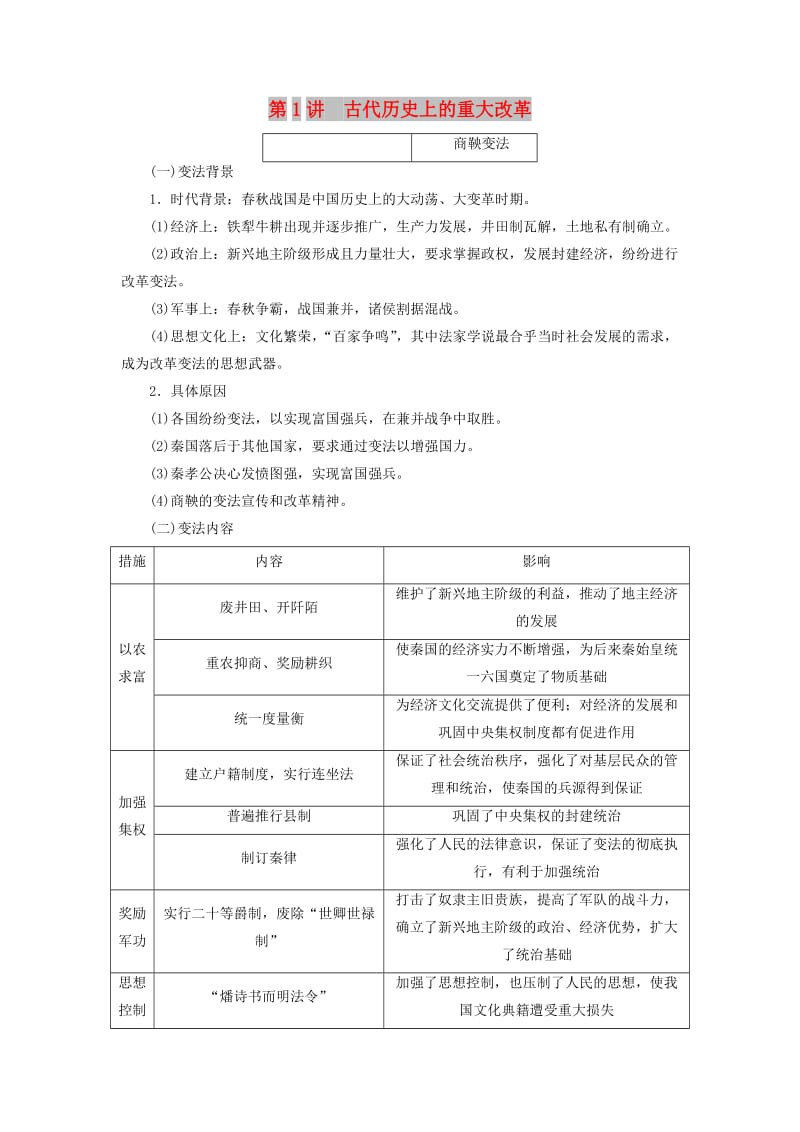 （通史版）2020版高考历史一轮复习 第1讲 古代历史上的重大改革学案（含解析）（选修1 ）.doc_第1页