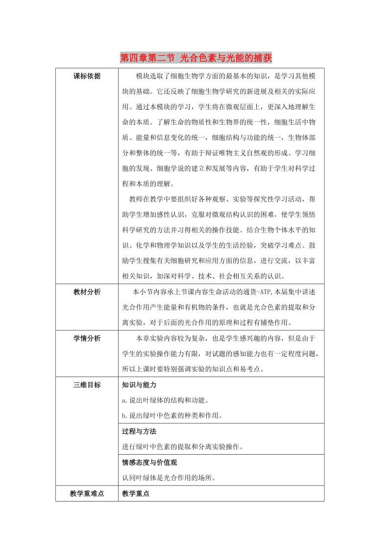 陕西省石泉县高中生物 第四章 细胞的物质输入和输出 4.2 光合色素和光能的捕获教案 新人教版必修1.doc_第1页