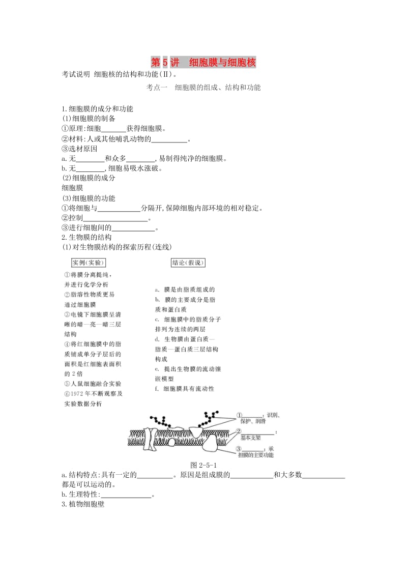 2019版高考生物一轮复习 第2单元 细胞的结构与物质的运输 第5讲 细胞膜与细胞核学案 苏教版.doc_第1页