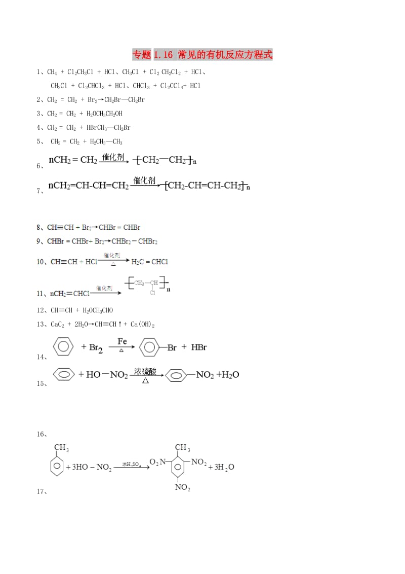 2019年高考化学 艺体生百日突围系列 专题1.16 常见的有机反应方程式基础知识速记手册素材.doc_第1页