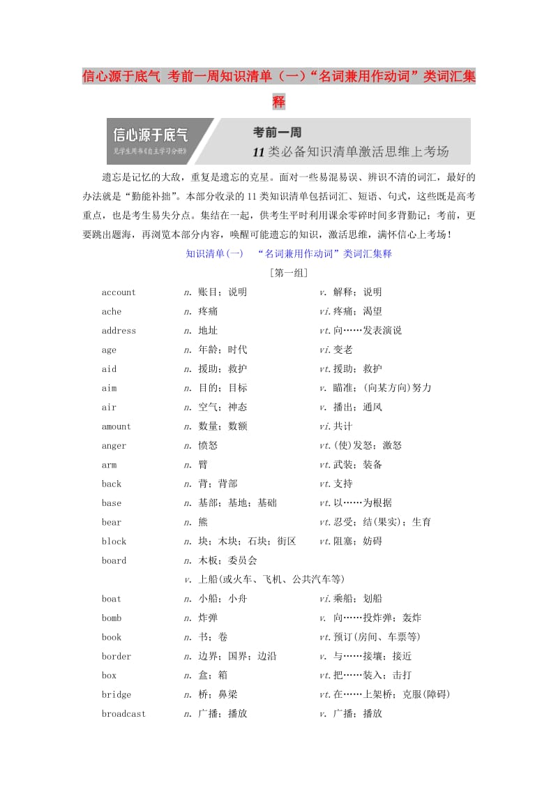 全国卷2019届高三英语二轮复习信心源于底气考前一周知识清单一“名词兼用作动词”类词汇集释.doc_第1页