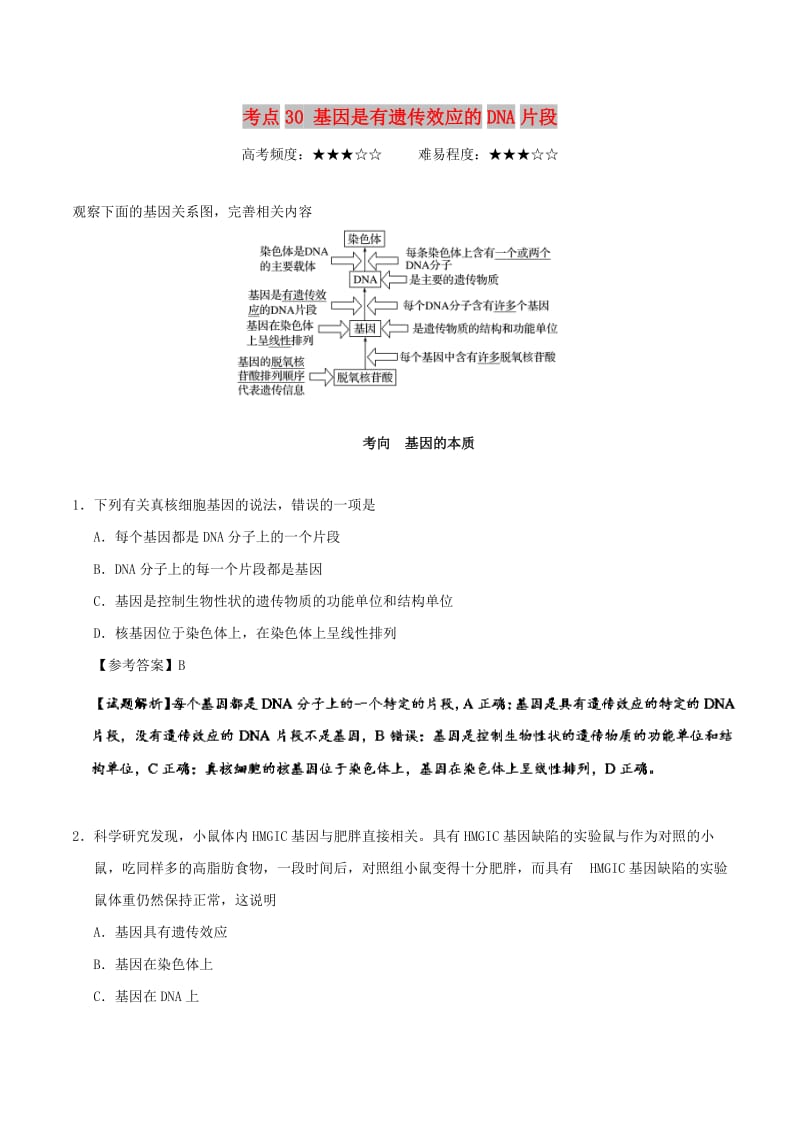 2019年高考生物 考点一遍过 考点30 基因是有遗传效应的DNA片段（含解析）.doc_第1页