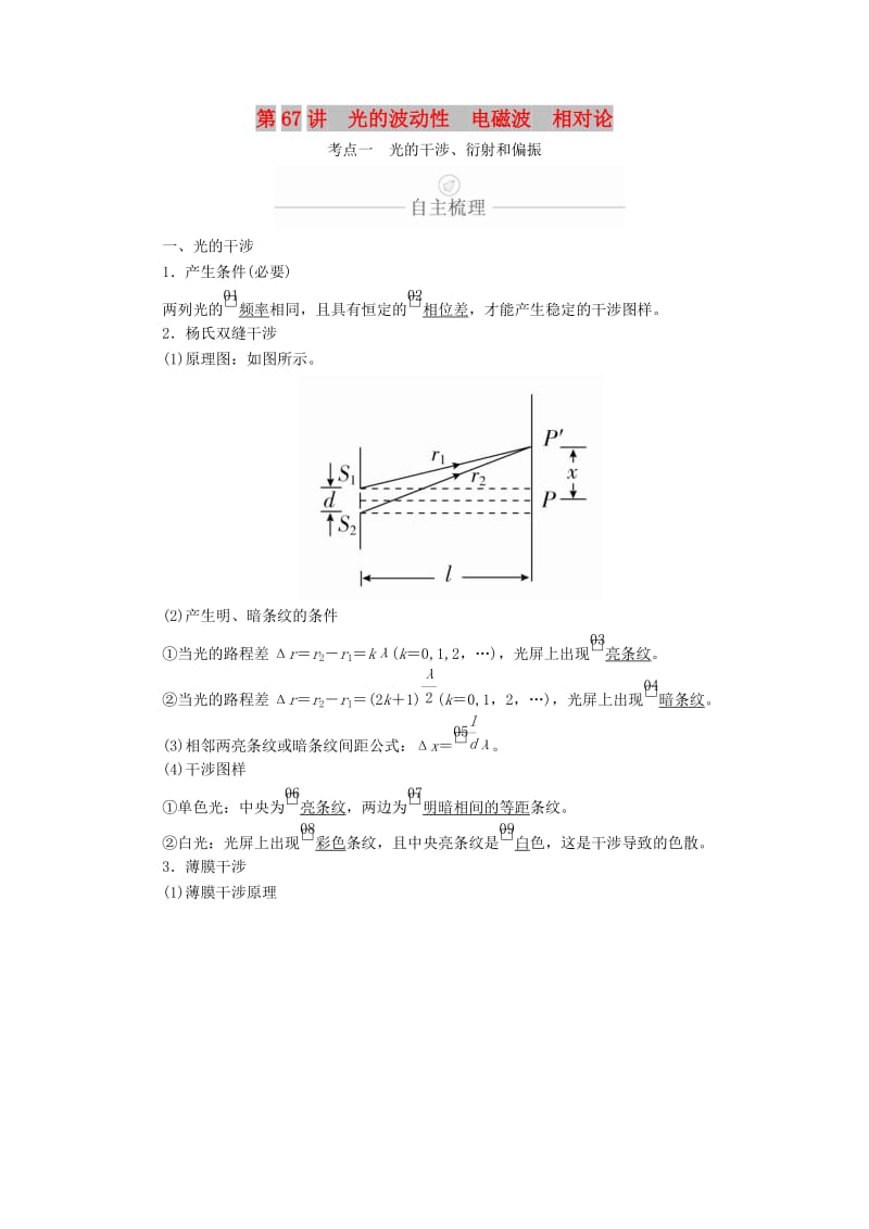 2020年高考物理一轮复习 第15章 第67讲 光的波动性 电磁波 相对论学案（含解析）（选修3-4）.doc_第1页