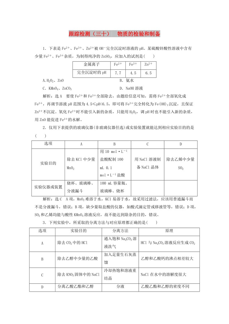 （江苏专版）2020版高考化学一轮复习 跟踪检测（三十）物质的检验和制备（含解析）.doc_第1页