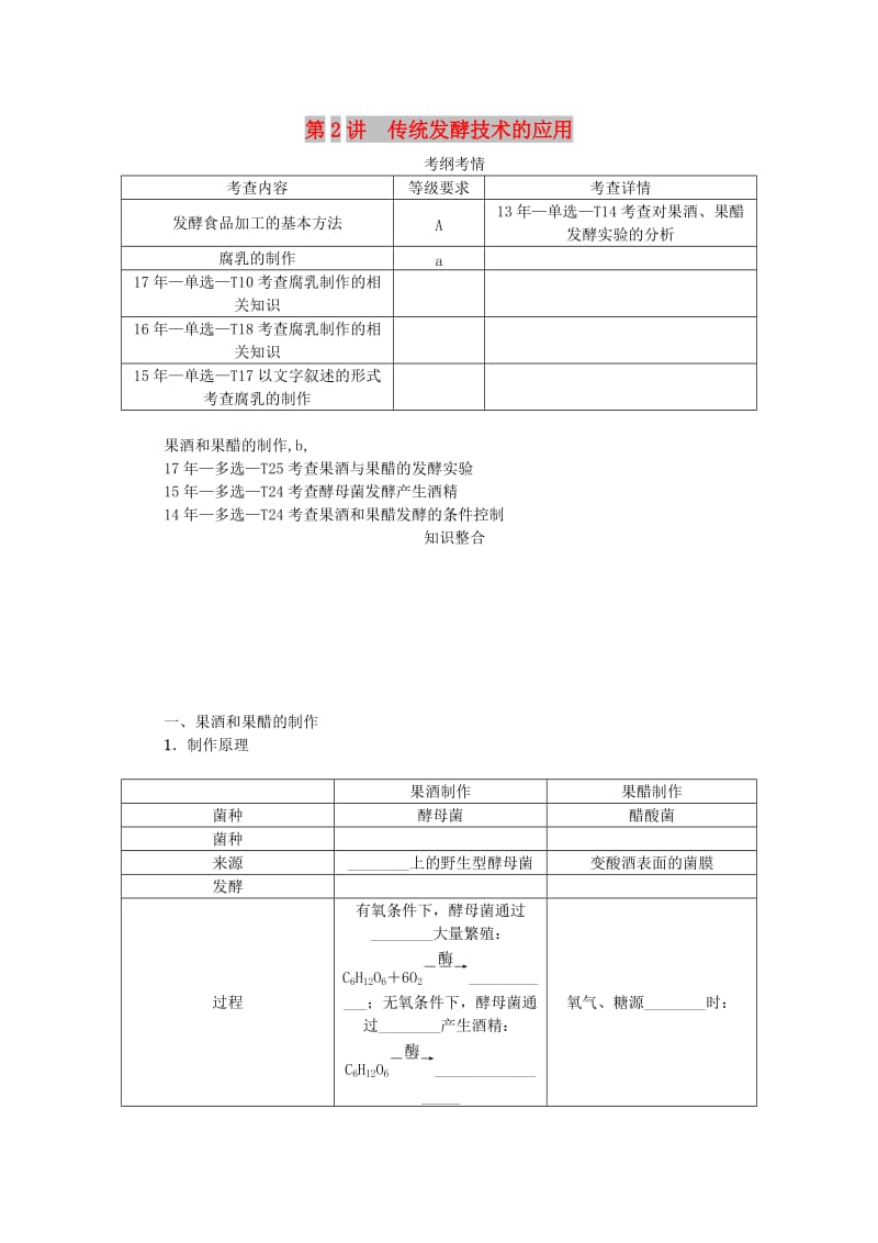 （江苏专用）2019年高考生物一轮总复习 第12单元 生物技术实践 第2讲 传统发酵技术的应用学案.doc_第1页