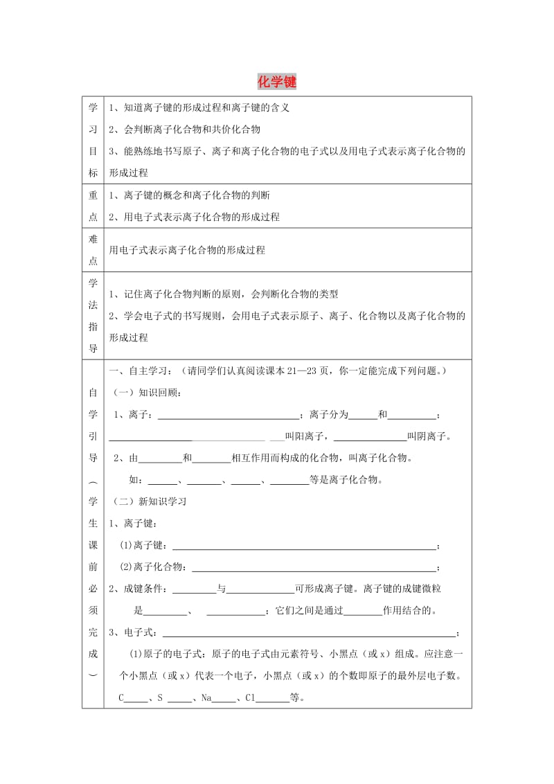 遼寧省撫順市高中化學(xué) 第一章 物質(zhì)結(jié)構(gòu)元素周期律 1.3 化學(xué)鍵導(dǎo)學(xué)案1新人教版必修2.doc