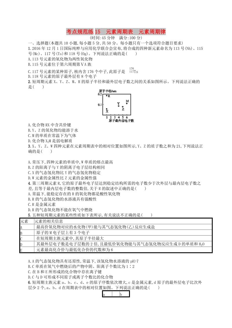 广西2019年高考化学一轮复习 考点规范练15 元素周期表 元素周期律 新人教版.docx_第1页