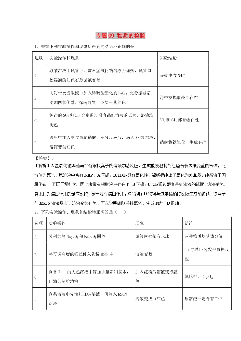 2019年高考化学 实验全突破 专题09 物质的检验练习.doc_第1页