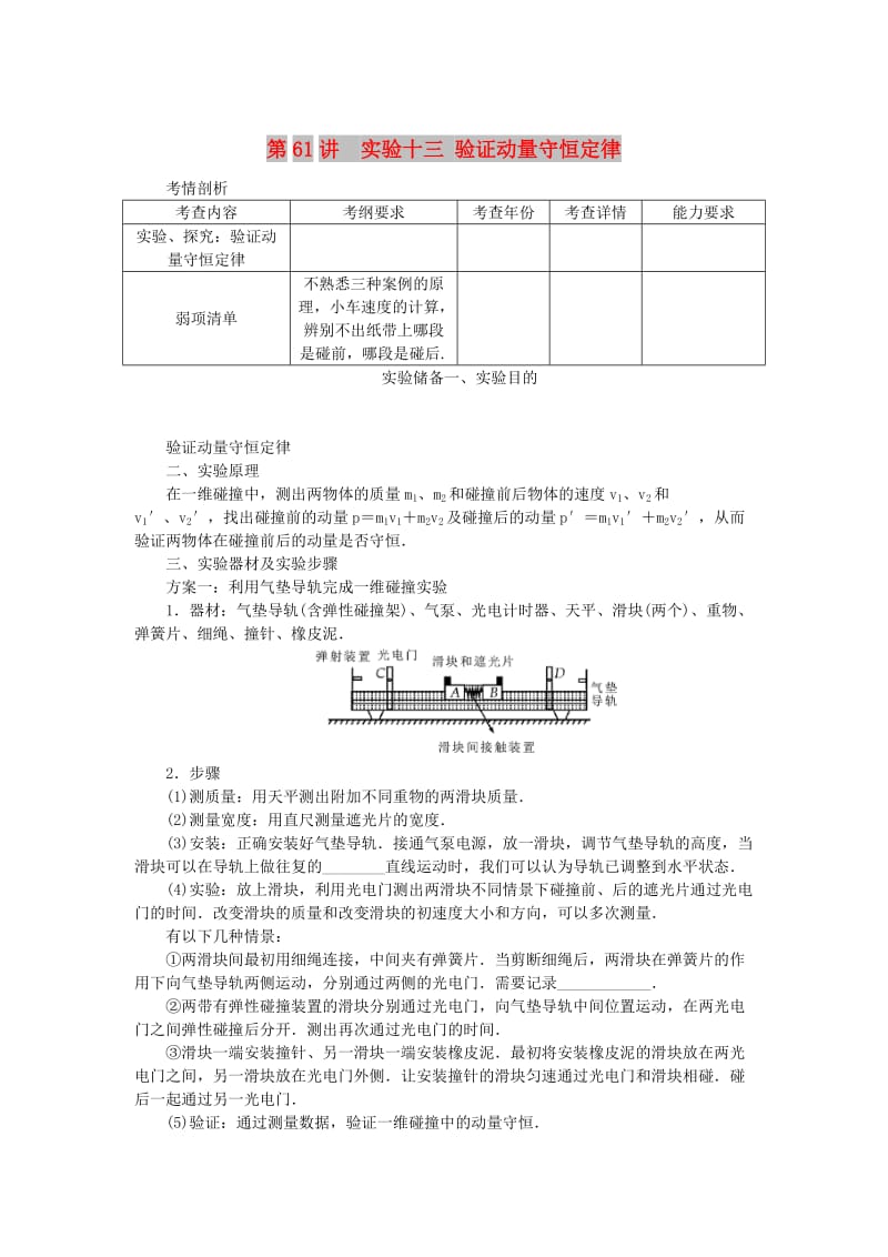 江苏专版2019年高考物理总复习第61讲实验十三验证动量守恒定律讲义.doc_第1页