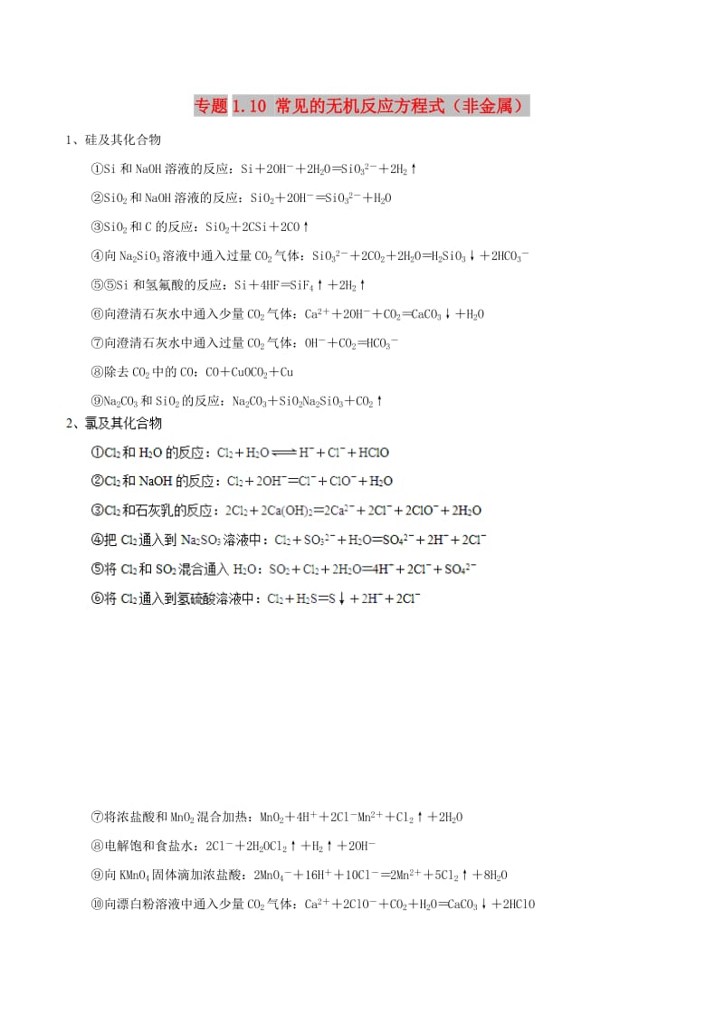 2019年高考化学 艺体生百日突围系列 专题1.10 常见的无机反应方程式（非金属）基础知识速记手册素材.doc_第1页