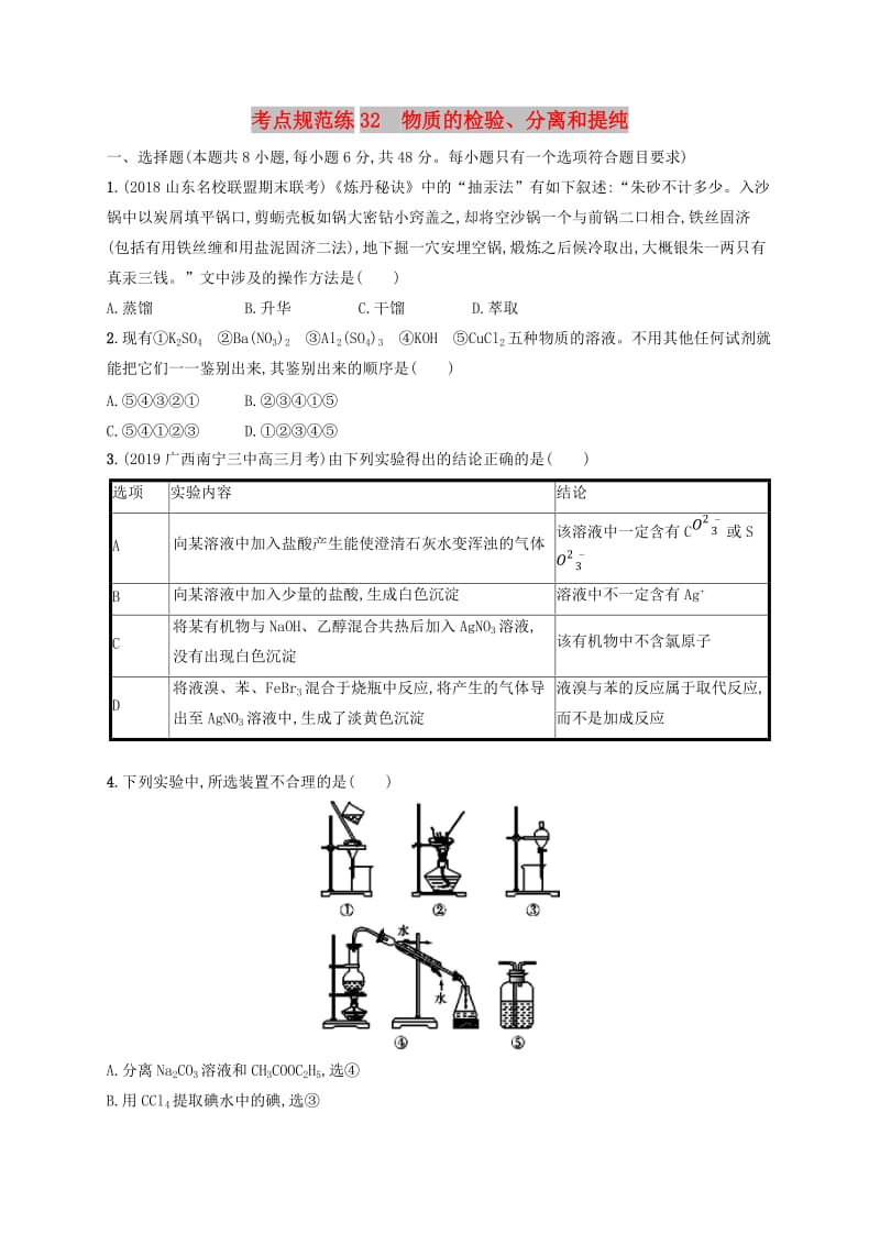 2020版高考化学大一轮复习 课时规范练32 物质的检验、分离和提纯 鲁科版.doc_第1页