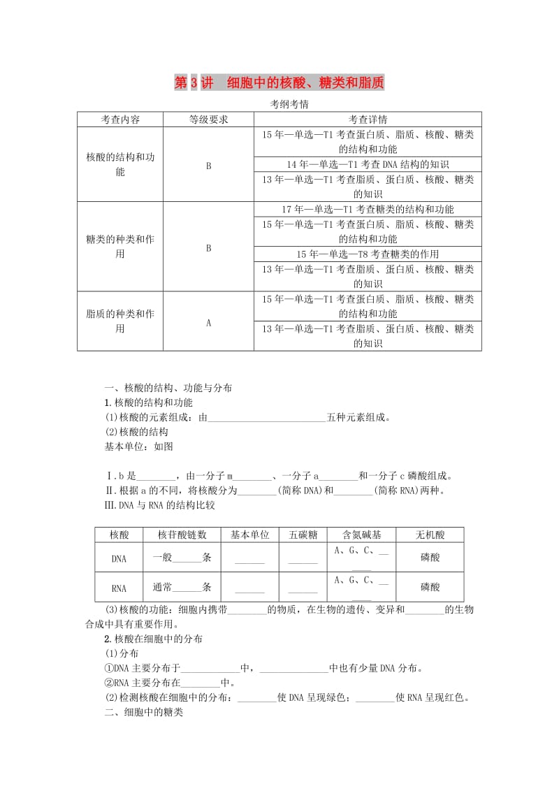 （江苏专用）2019年高考生物一轮总复习 第1单元 细胞的分子组成 第3讲 细胞中的核酸、糖类和脂质学案.doc_第1页