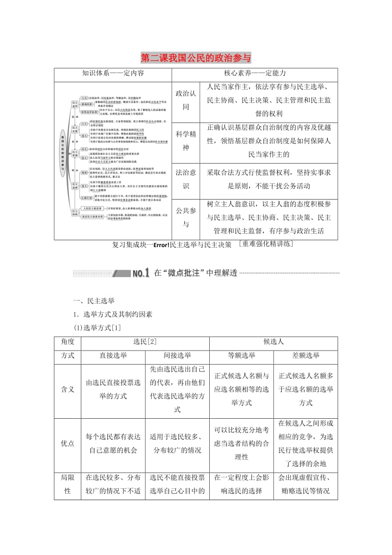 （新课改省份专用）2020高考政治一轮复习 第二模块 政治生活 第一单元 公民的政治生活 第二课 我国公民的政治参与讲义（含解析）.doc_第1页