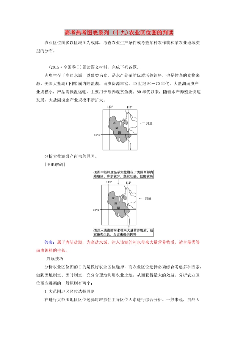 2019高考地理一轮复习 第二部分 第九单元 农业地域的形成与发展 高考热考图表系列（十九）农业区位图的判读学案.doc_第1页