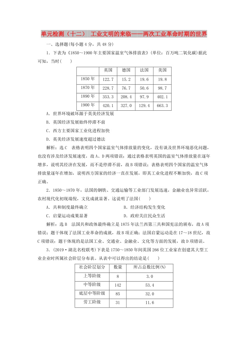 （通史版）2020版高考历史一轮复习 单元检测（十二）工业文明的来临——两次工业革命时期的世界（含解析）.doc_第1页