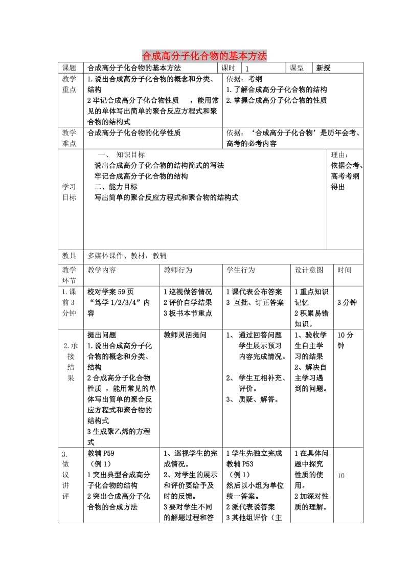 辽宁省大连市高中化学 第五章 进入合成有机高分子化合物的时代 5.1 合成高分子化合物的基本方法教案 新人教版选修5.doc_第1页