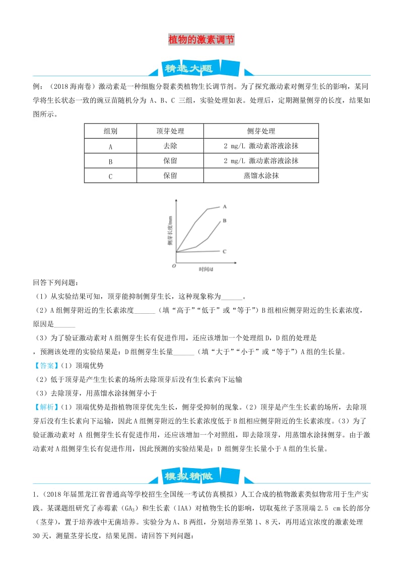 2019高考生物三轮冲刺大题提分大题精做5植物的激素调节含解析.docx_第1页