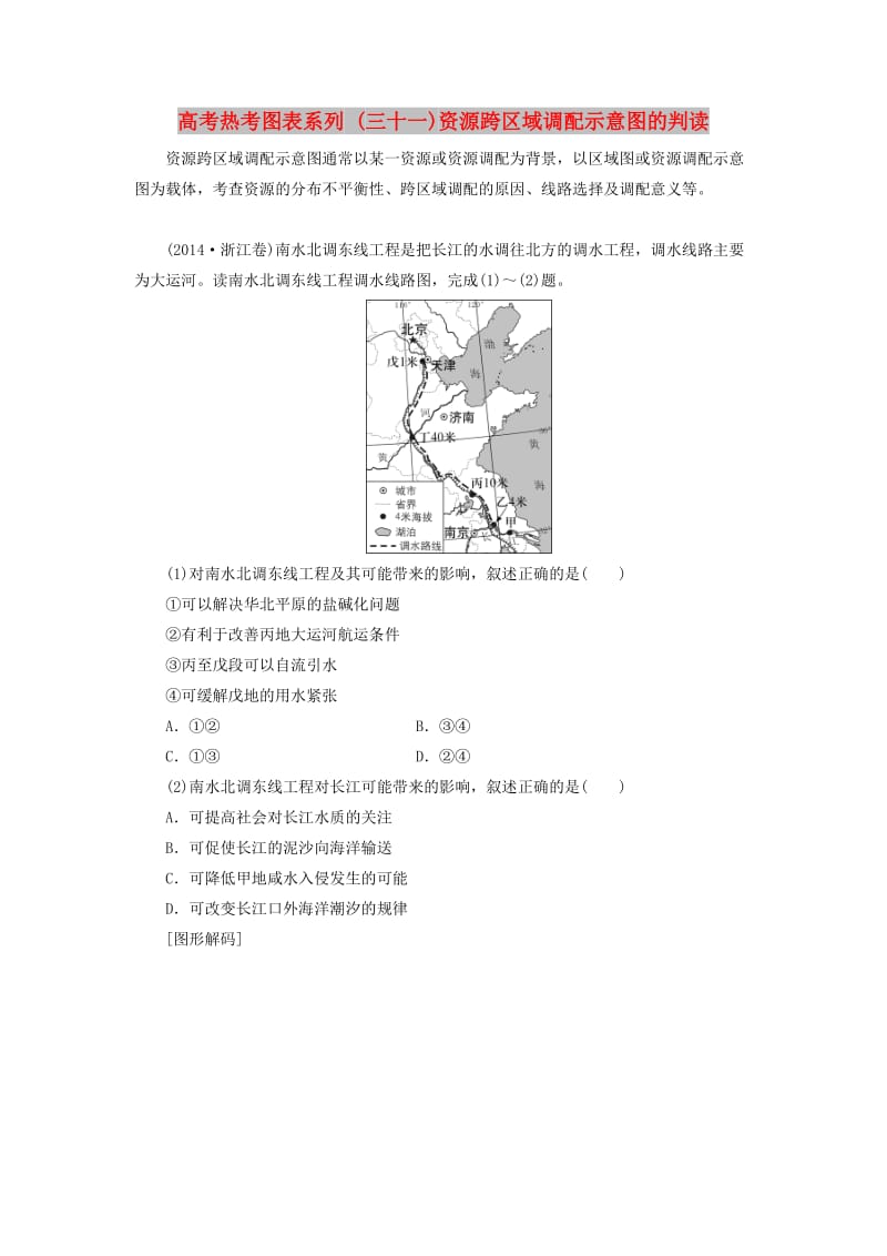 2019高考地理一轮复习 第三部分 第十七单元 区际联系与区域协调发展 高考热考图表系列（三十一）资源跨区域调配示意图的判读学案.doc_第1页