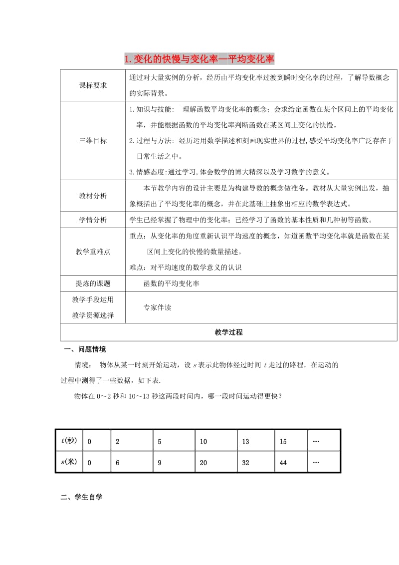 陕西省石泉县高中数学 第二章 变化率与导数 2.1 变化的快慢与变化率 2.1.1 平均变化率教案 北师大版选修2-2.doc_第1页