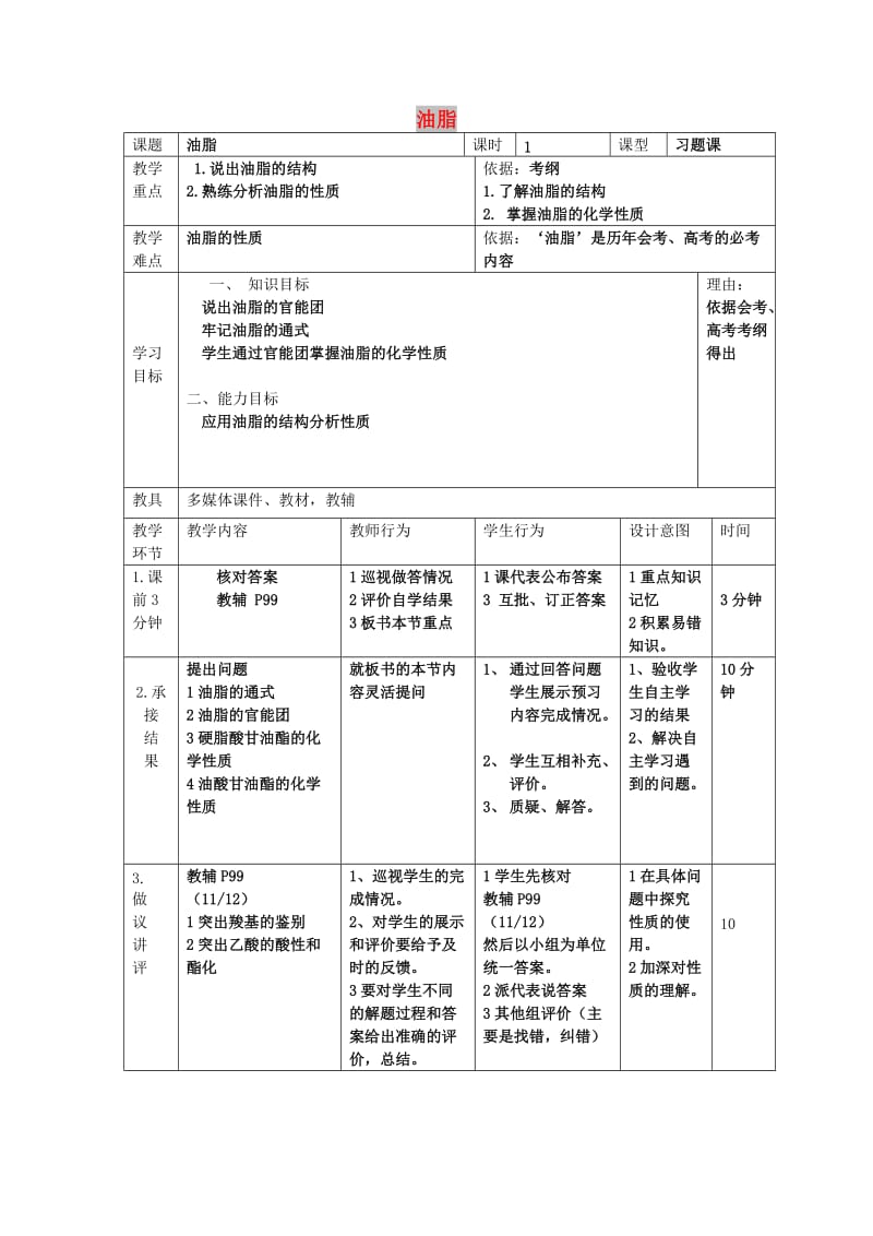 辽宁省大连市高中化学 第一章 关注营养平衡 1.2 重要的体内能源——油脂习题课教案 新人教版选修1 .doc_第1页