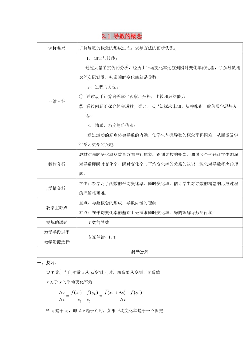 陕西省石泉县高中数学 第二章 变化率与导数 2.2.1 导数的概念教案 北师大版选修2-2.doc_第1页