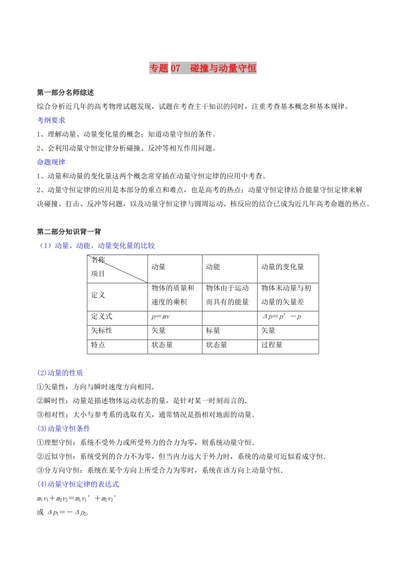 2019年高考物理备考 中等生百日捷进提升系列 专题07 碰撞与动量守恒（含解析）.docx_第1页