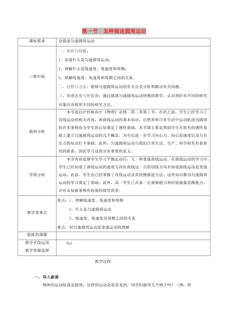 陕西省安康市石泉县高中物理 第2章 研究圆周运动 2.1 怎样描述圆周运动教案 沪科版必修2.doc_第1页