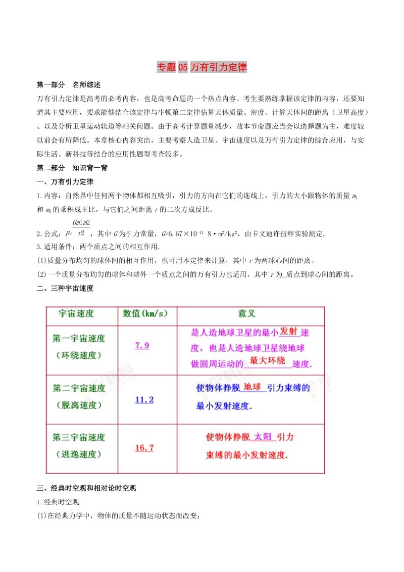 2019年高考物理备考 艺体生百日突围系列 专题05 万有引力定律（含解析）.docx_第1页