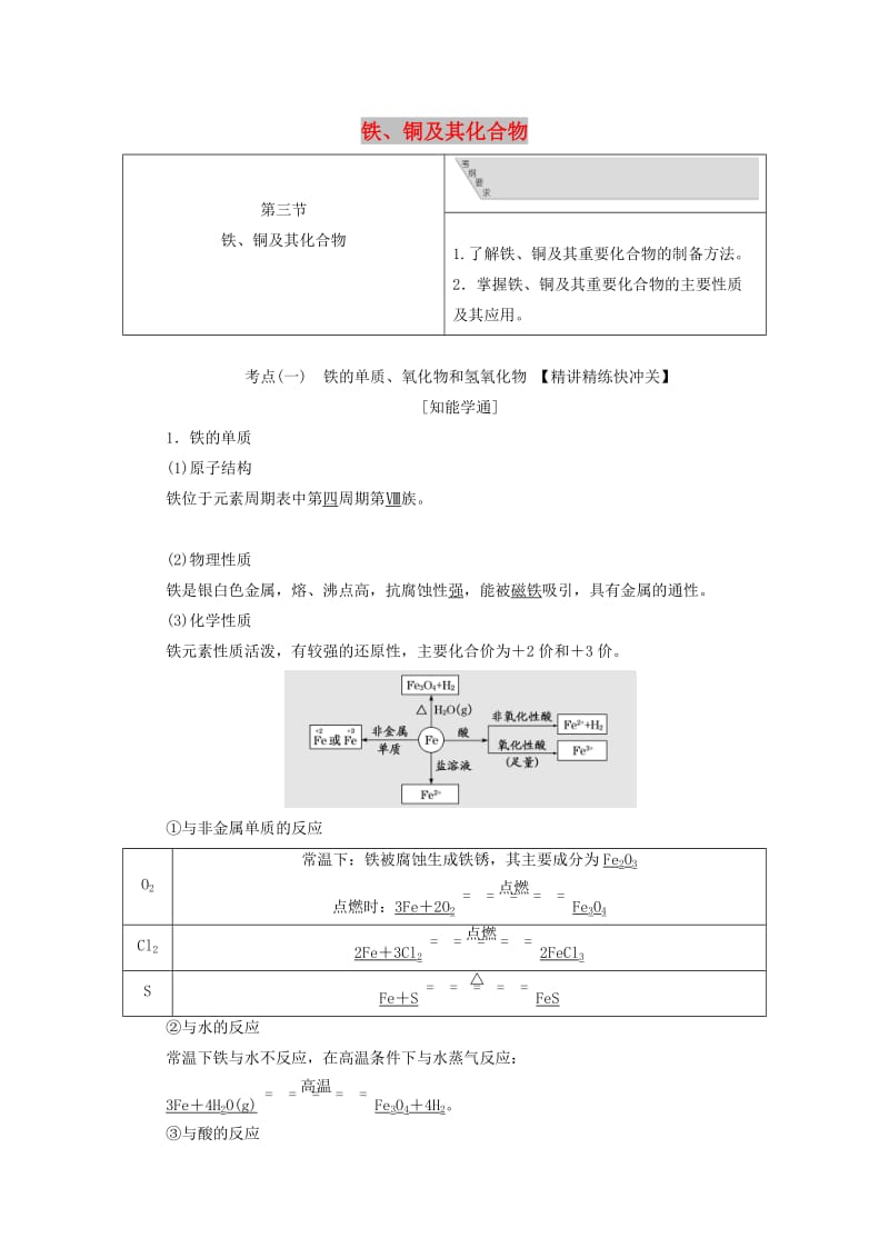 （通用版）2020版高考化学一轮复习 第三章 第三节 铁、铜及其化合物学案（含解析）.doc_第1页