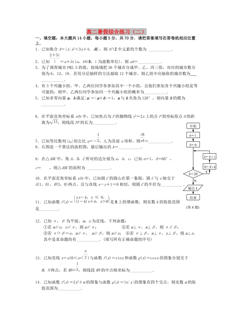 江苏省南京市2018年高二数学 暑假综合练习（二）.doc_第1页