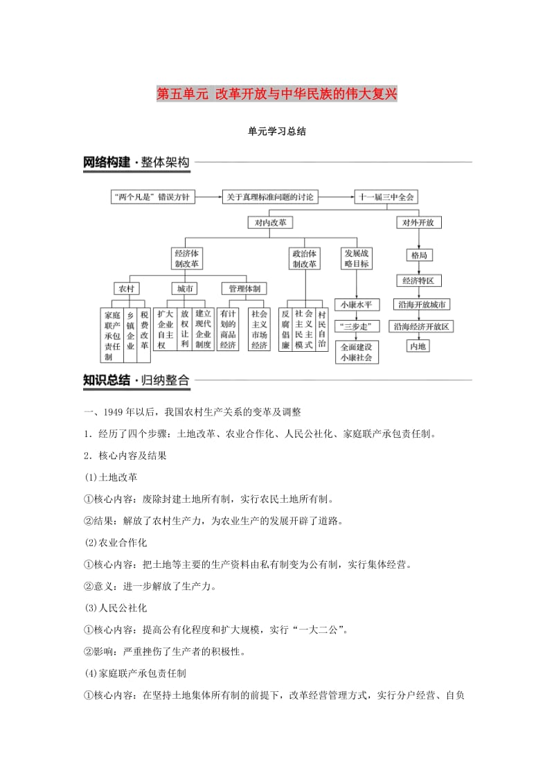 （全国通用版）2018-2019版高中历史 第五单元 改革开放与中华民族的伟大复兴单元学习总结学案 岳麓版选修1 .doc_第1页