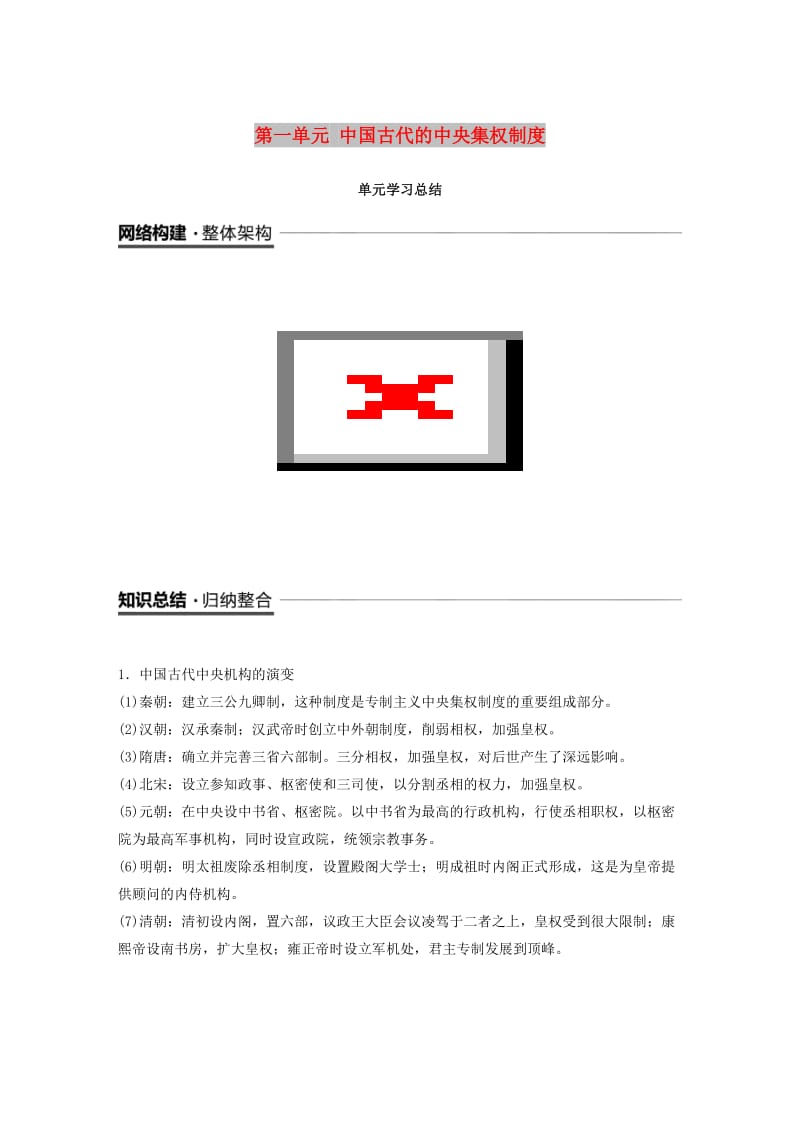 粤渝辽闽鲁京琼专用2018秋高中历史第一单元中国古代的中央集权制度单元学习总结教学案岳麓版必修1 .doc_第1页