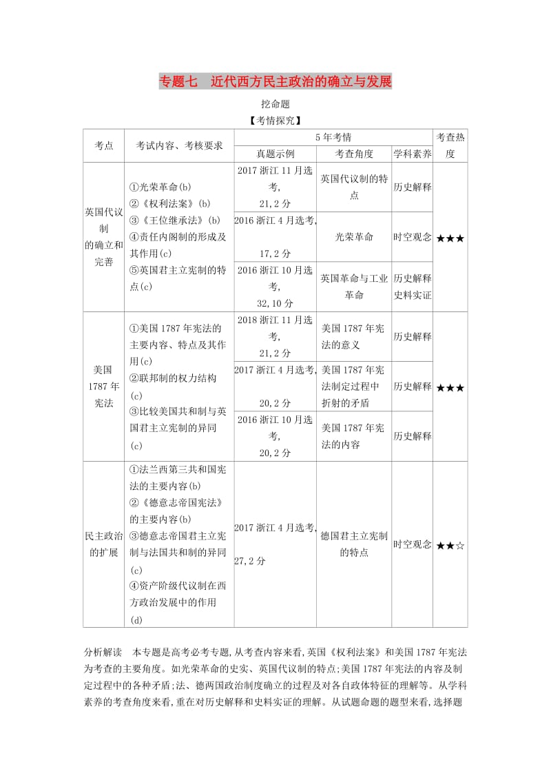 （浙江专版 5年高考3年模拟）2020版高考历史一轮总复习 专题七 近代西方民主政治的确立与发展教师用书（含解析）.docx_第1页