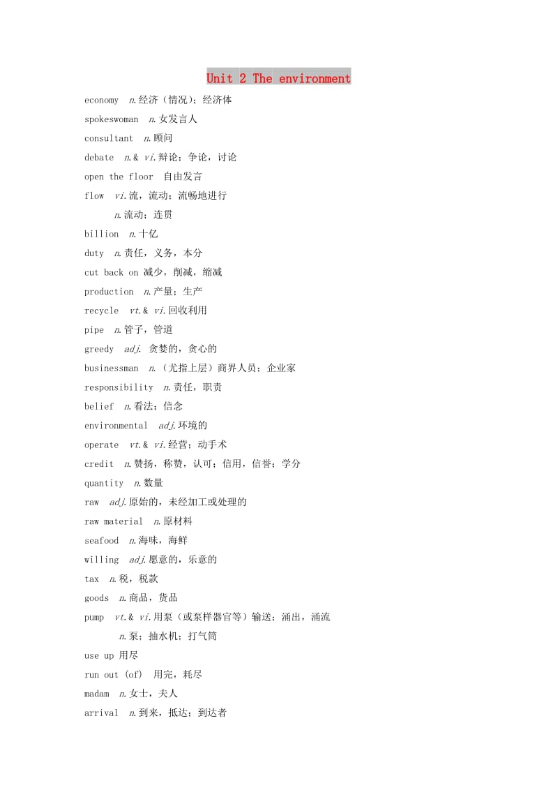 江苏专用2020版高考英语新增分大一轮复习单词表词汇闪记Unit2Theenvironment讲义牛津译林版必修5 .doc_第1页