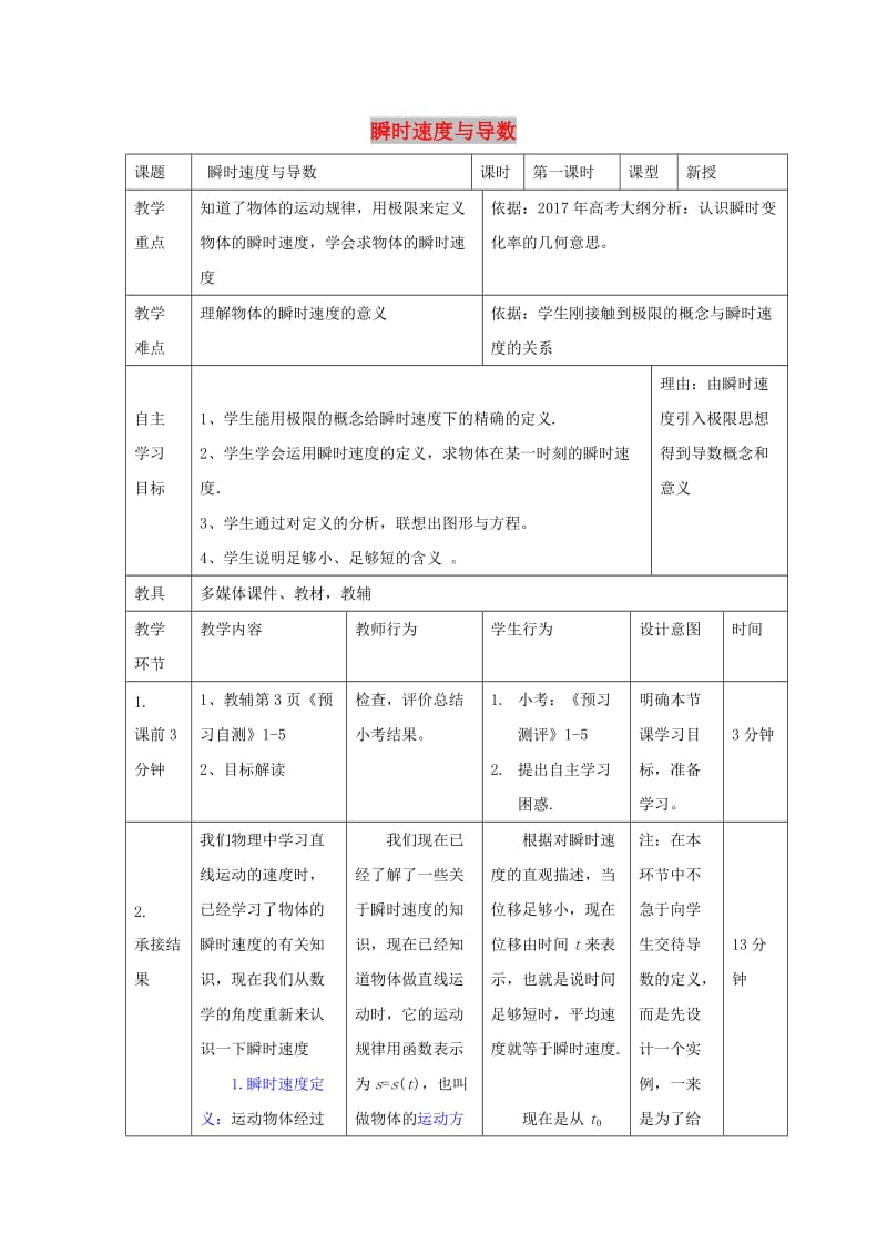 辽宁省大连市高中数学 第一章 导数及其应用 1.1 瞬时速度与导数教案 新人教B版选修2-2.doc_第1页