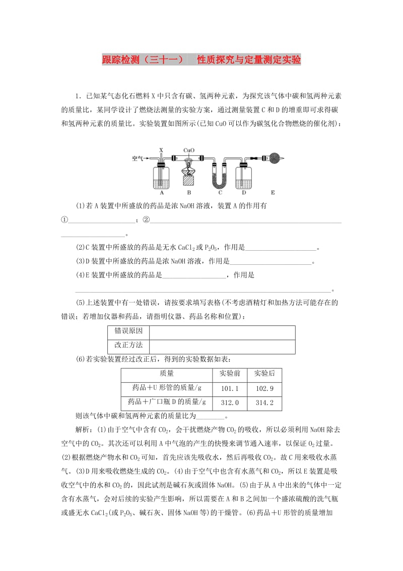 （通用版）2020版高考化学一轮复习 跟踪检测（三十一）性质探究与定量测定实验（含解析）.doc_第1页