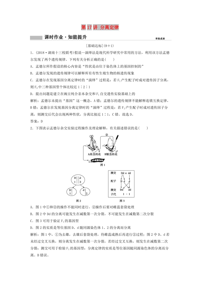 2019版高考生物一轮复习 第一部分 第六单元 遗传基本规律与伴性遗传 第17讲 分离定律练习 新人教版.doc_第1页