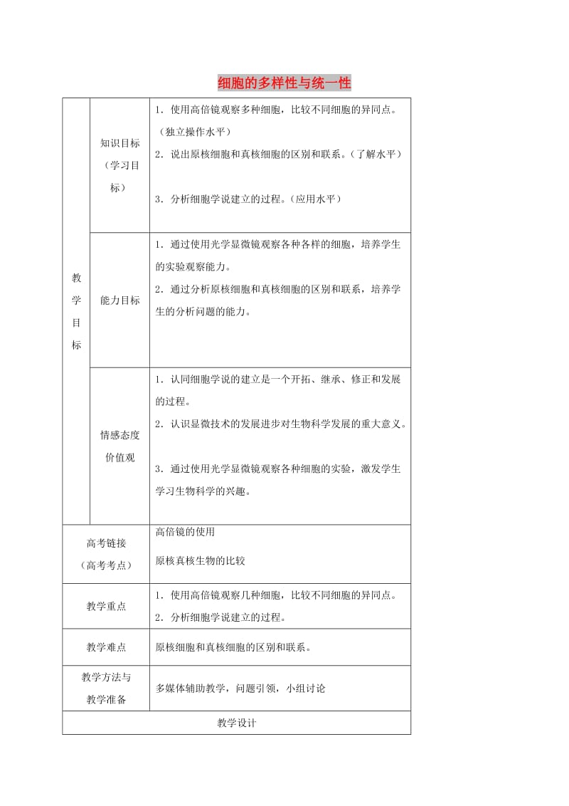 内蒙古开鲁县高中生物 第一章 走近细胞 1.2 细胞的多样性与统一性 第一课时教案 新人教版必修1.doc_第1页