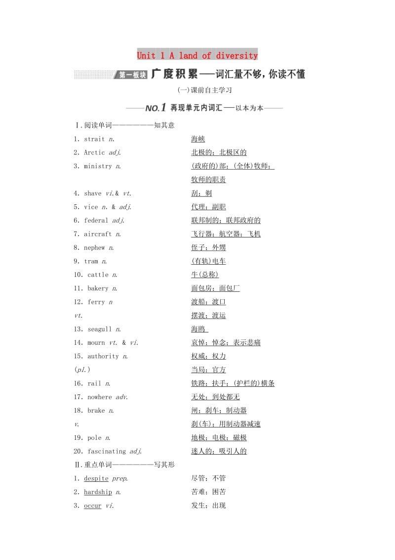 （新课改）2020高考英语一轮复习 Unit 1 A land of diversity学案（含解析）新人教版选修8.doc_第1页