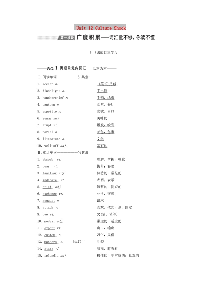 2020版高考英语一轮复习 Unit 12 Culture Shock讲义 北师大版必修4.doc_第1页